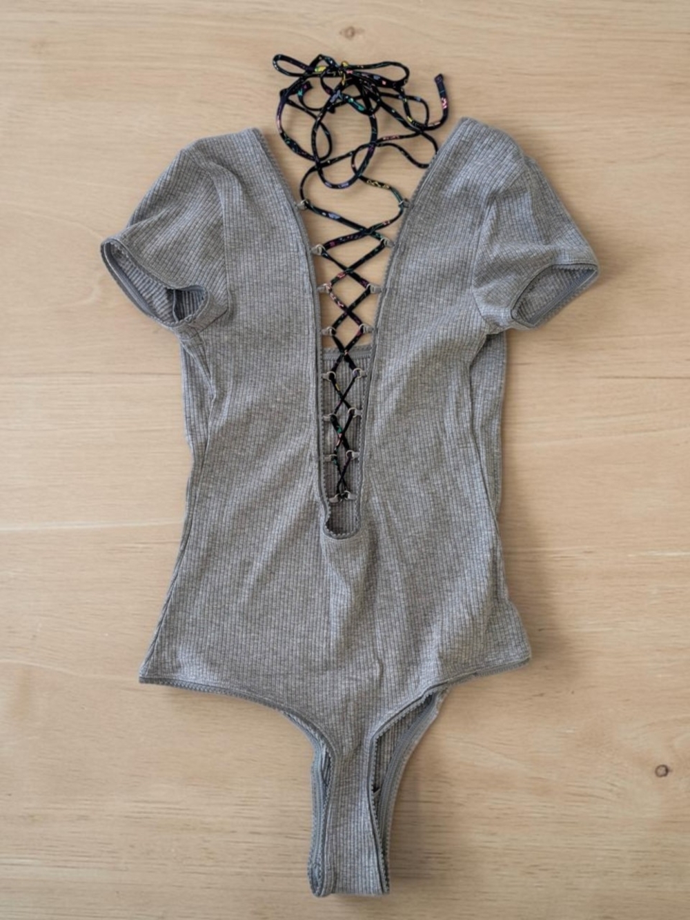 Victoria's Secret Gray Ribbed Lace-Up Bodysuit